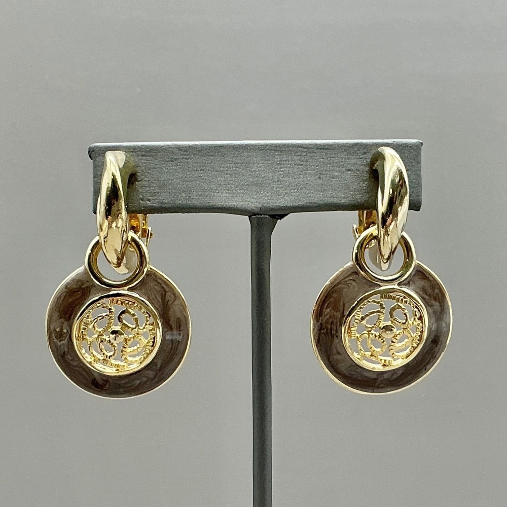 Earrings Women Gold Tone Brown Swirl‎ Enamel Filigree Clip On Dangle 1.5 Inch